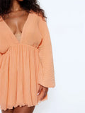Plissé Deep V-Neck Bell Sleeve Empire Waist Mini Dress