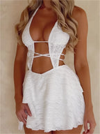 Halter Deep V-Neck Criss Cross Cut Out Tiered Ruffle Mini Dress