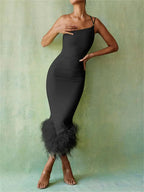 One-Shoulder Spaghetti Strap Feather Hem Bodycon Midi Dress