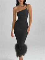 One-Shoulder Spaghetti Strap Feather Hem Bodycon Midi Dress