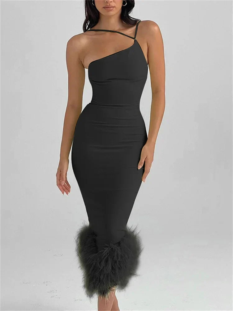 One-Shoulder Spaghetti Strap Feather Hem Bodycon Midi Dress