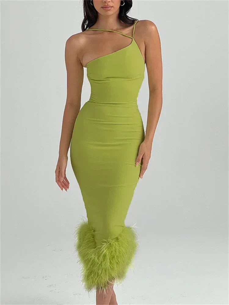 One-Shoulder Spaghetti Strap Feather Hem Bodycon Midi Dress
