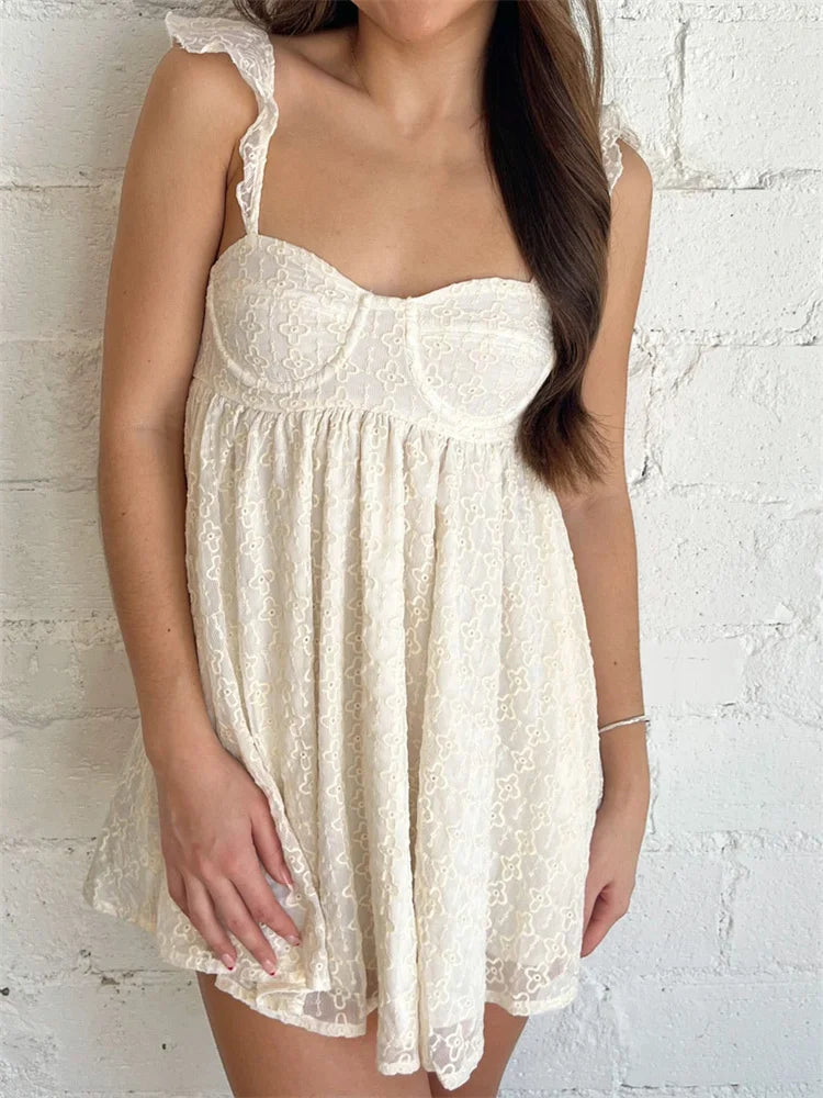 Eyelet Lace Bustier Ruffle Strap Empire Waist Babydoll Mini Dress