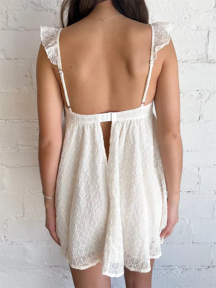 Eyelet Lace Bustier Ruffle Strap Empire Waist Babydoll Mini Dress