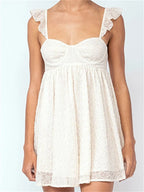 Eyelet Lace Bustier Ruffle Strap Empire Waist Babydoll Mini Dress