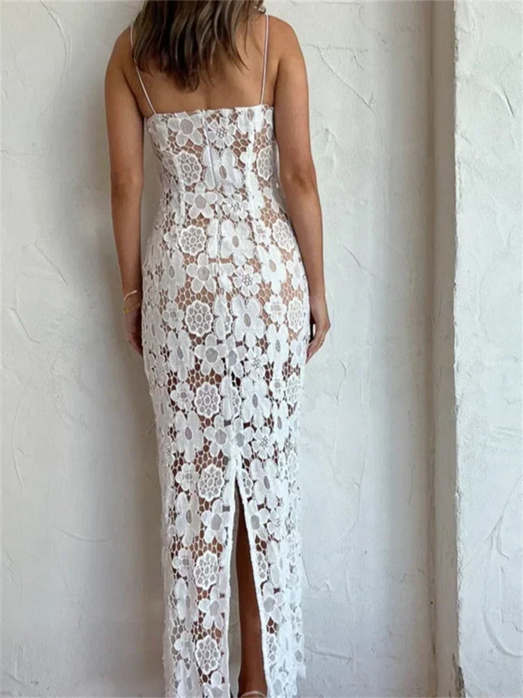 Floral Lace Spaghetti Strap Square Neck Scalloped Bodycon Maxi Dress