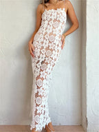 Floral Lace Spaghetti Strap Square Neck Scalloped Bodycon Maxi Dress