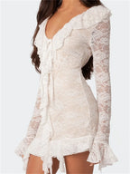 Floral Lace Ruffle V-Neck Tie Front Long Sleeve Mini Dress