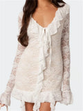 Floral Lace Ruffle V-Neck Tie Front Long Sleeve Mini Dress