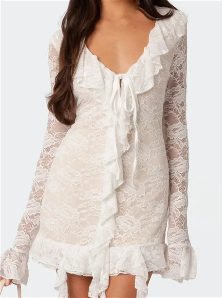 Floral Lace Ruffle V-Neck Tie Front Long Sleeve Mini Dress