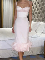 Spaghetti Strap Sweetheart Neck Ruffle Flounce Hem Mermaid Midi Dress