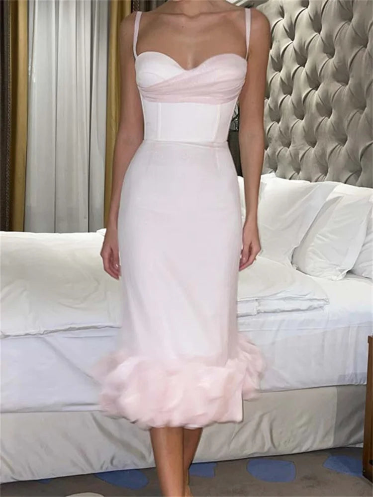 Spaghetti Strap Sweetheart Neck Ruffle Flounce Hem Mermaid Midi Dress