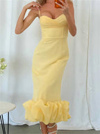 Spaghetti Strap Sweetheart Neck Ruffle Flounce Hem Mermaid Midi Dress