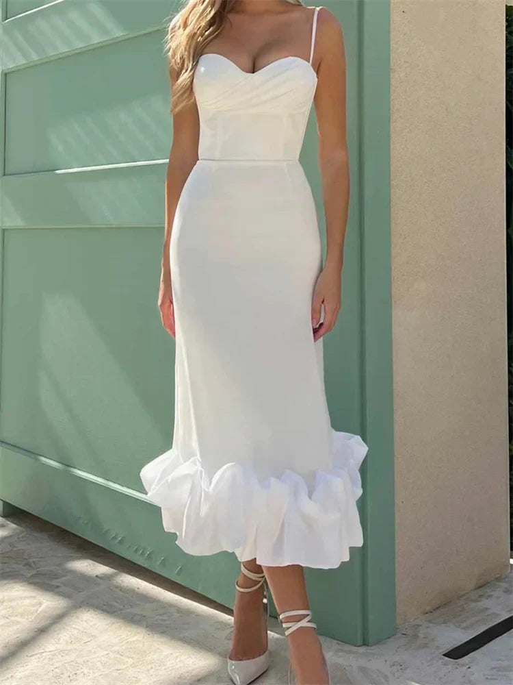 Spaghetti Strap Sweetheart Neck Ruffle Flounce Hem Mermaid Midi Dress