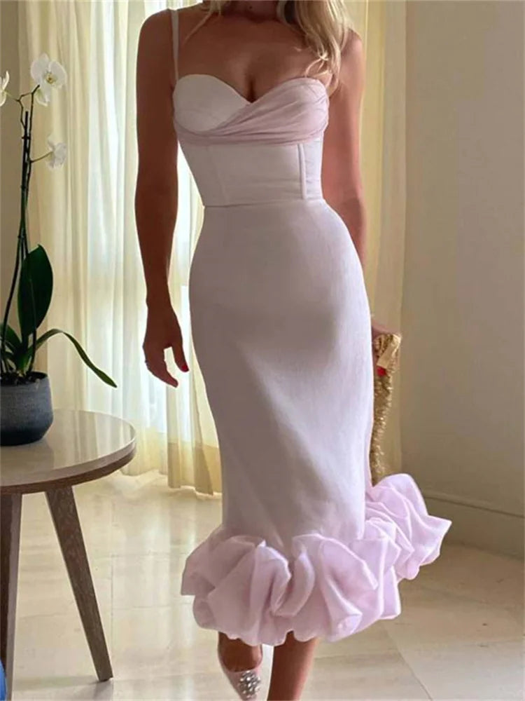 Spaghetti Strap Sweetheart Neck Ruffle Flounce Hem Mermaid Midi Dress