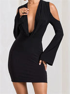 Cold Shoulder Deep V-Neck Ruched Bell Sleeve Bodycon Mini Dress