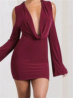 Cold Shoulder Deep V-Neck Ruched Bell Sleeve Bodycon Mini Dress