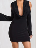 Cold Shoulder Deep V-Neck Ruched Bell Sleeve Bodycon Mini Dress