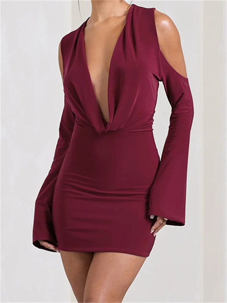 Cold Shoulder Deep V-Neck Ruched Bell Sleeve Bodycon Mini Dress