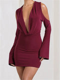 Cold Shoulder Deep V-Neck Ruched Bell Sleeve Bodycon Mini Dress