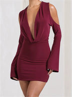 Cold Shoulder Deep V-Neck Ruched Bell Sleeve Bodycon Mini Dress