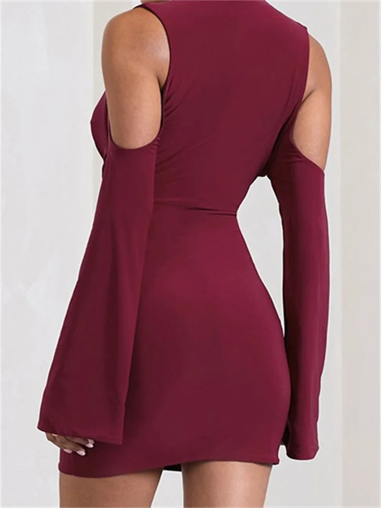 Cold Shoulder Deep V-Neck Ruched Bell Sleeve Bodycon Mini Dress
