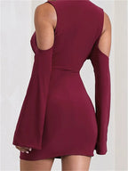 Cold Shoulder Deep V-Neck Ruched Bell Sleeve Bodycon Mini Dress