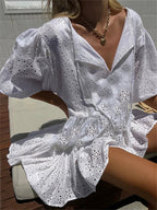 Eyelet Lace V-Neck Tie Collar Puff Sleeve Tiered Ruffle Mini Dress