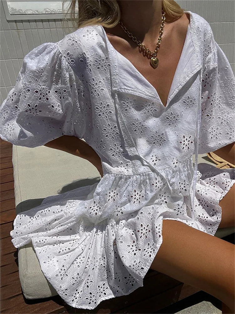 Eyelet Lace V-Neck Tie Collar Puff Sleeve Tiered Ruffle Mini Dress
