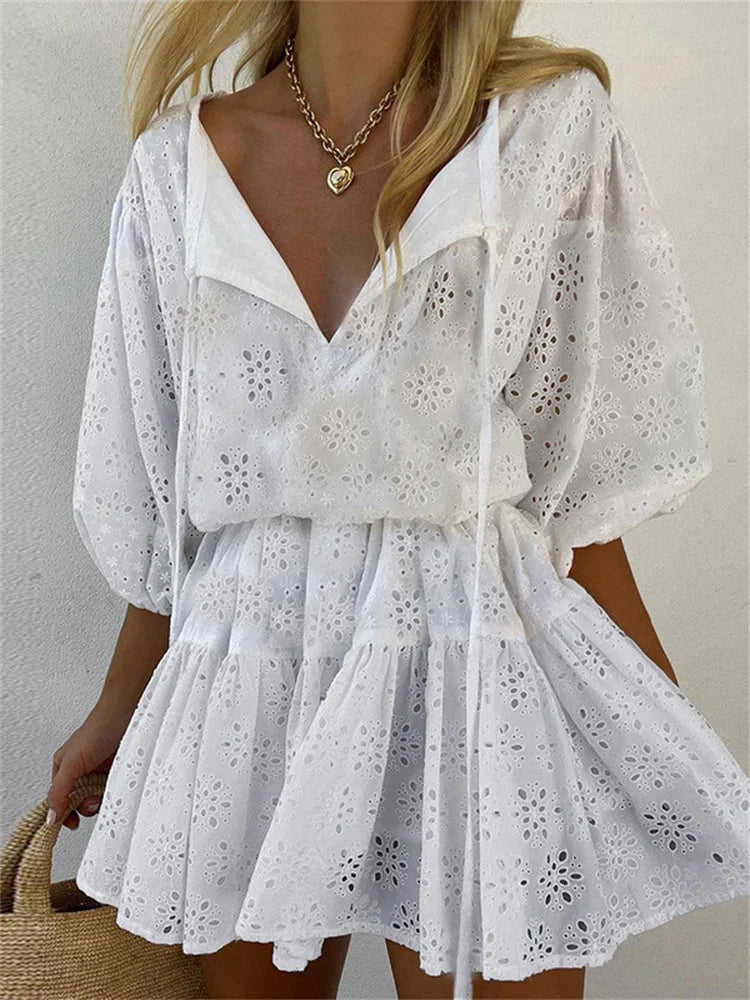 Eyelet Lace V-Neck Tie Collar Puff Sleeve Tiered Ruffle Mini Dress