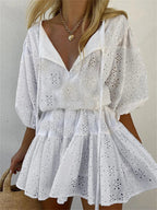 Eyelet Lace V-Neck Tie Collar Puff Sleeve Tiered Ruffle Mini Dress