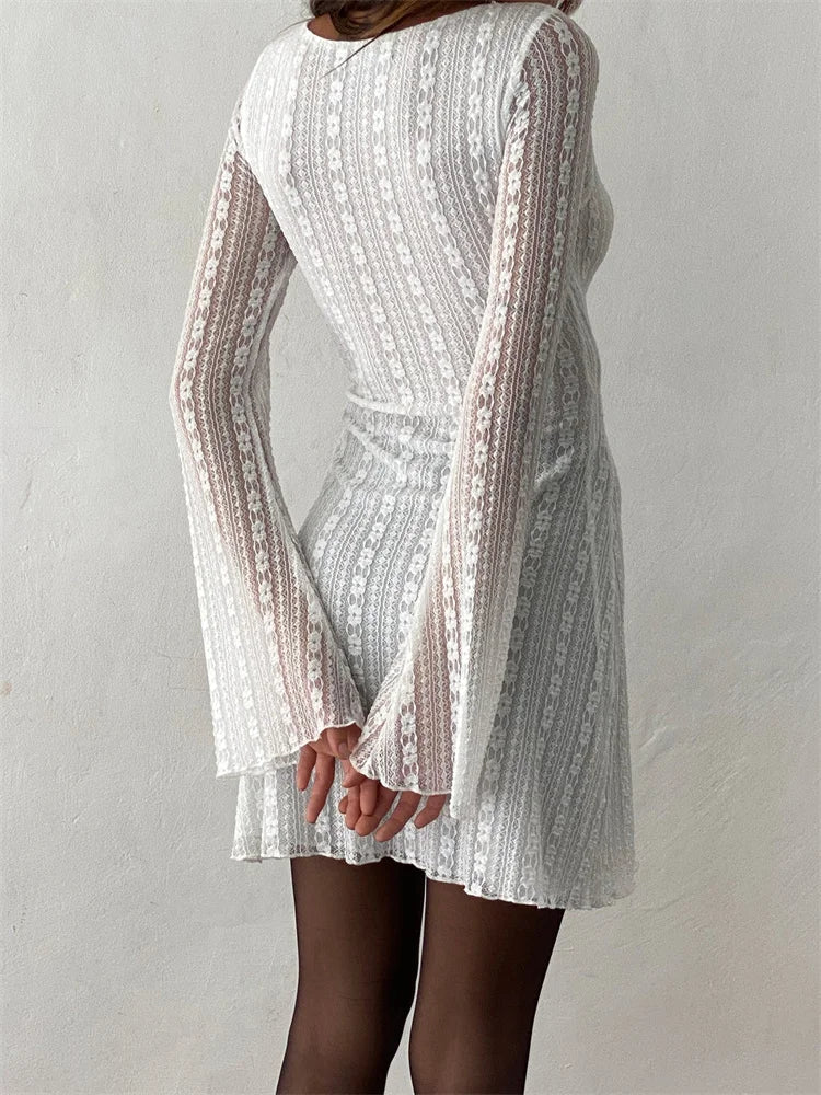 Lace Long Sleeve Vertical Stripe Floral Mini Dress