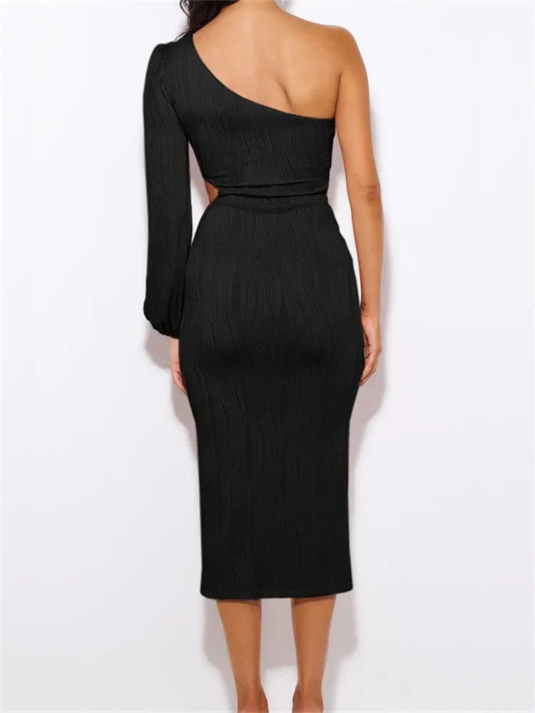 One-Shoulder Single Lantern Sleeve Crinkle Rib Waist Cutout Bodycon Midi Dress