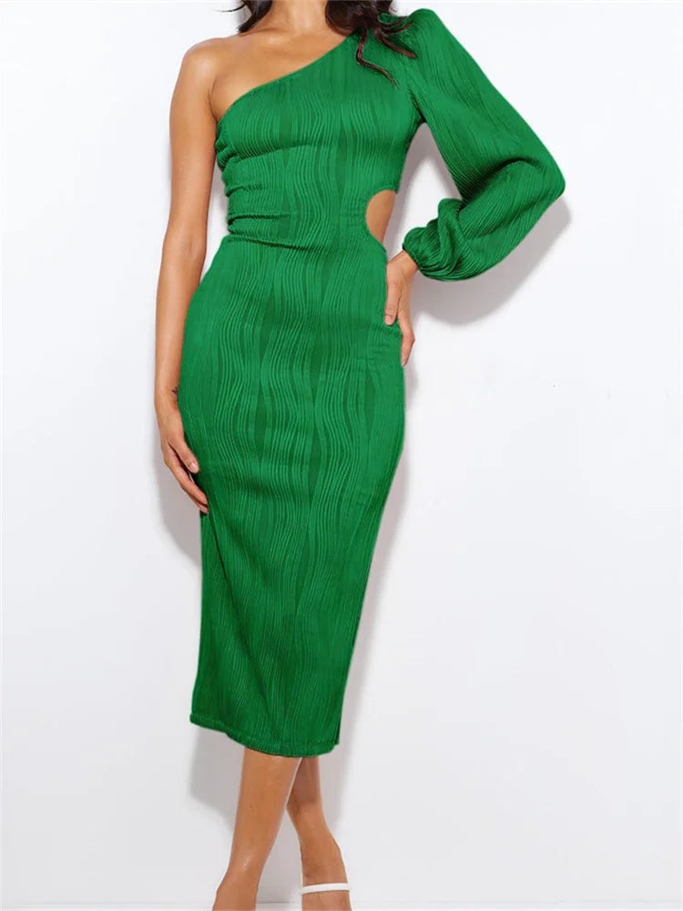 One-Shoulder Single Lantern Sleeve Crinkle Rib Waist Cutout Bodycon Midi Dress