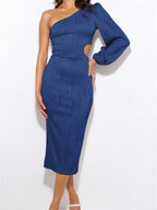 One-Shoulder Single Lantern Sleeve Crinkle Rib Waist Cutout Bodycon Midi Dress