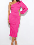 One-Shoulder Single Lantern Sleeve Crinkle Rib Waist Cutout Bodycon Midi Dress