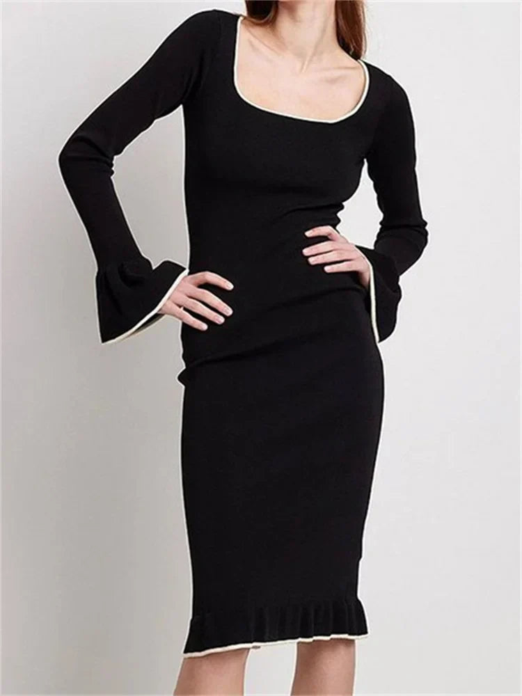 Scoop Neck Rib Knit Contrast Piping Flare Sleeve Ruffle Hem Midi Dress