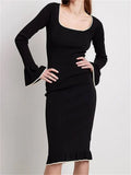 Scoop Neck Rib Knit Contrast Piping Flare Sleeve Ruffle Hem Midi Dress