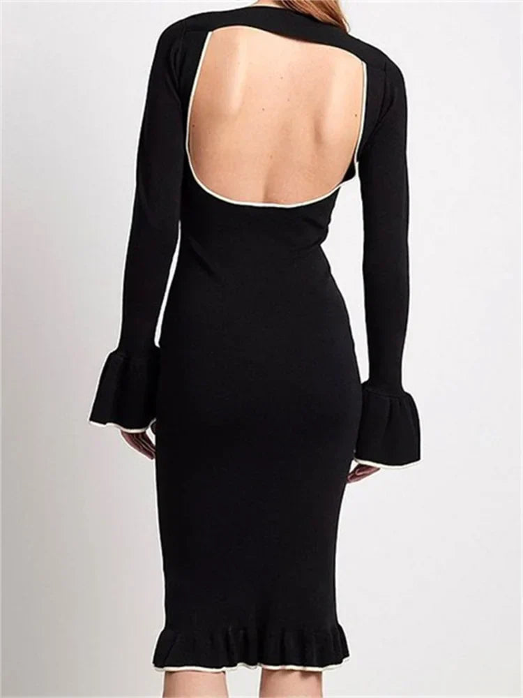 Scoop Neck Rib Knit Contrast Piping Flare Sleeve Ruffle Hem Midi Dress