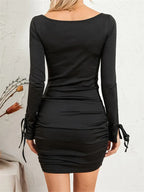 Twisted Sweetheart Neck Ruched Tie Cuff Long Sleeve Bodycon Mini Dress