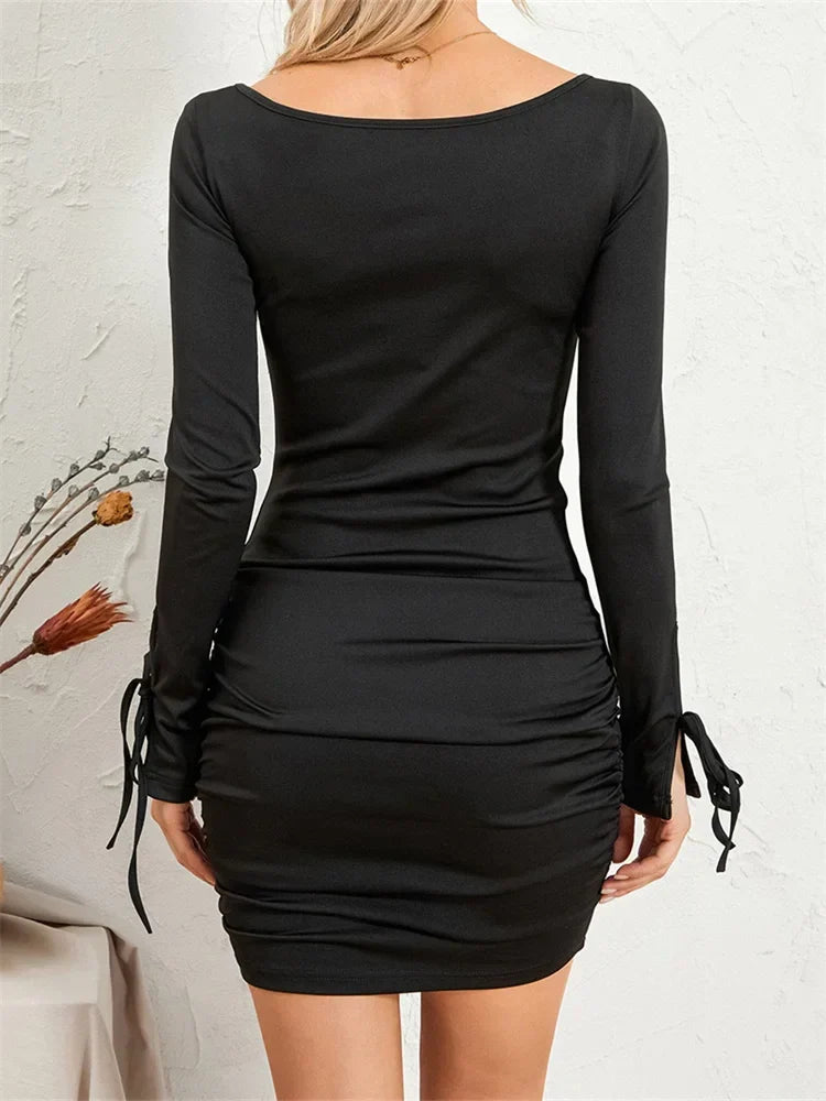 Twisted Sweetheart Neck Ruched Tie Cuff Long Sleeve Bodycon Mini Dress