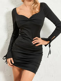 Twisted Sweetheart Neck Ruched Tie Cuff Long Sleeve Bodycon Mini Dress