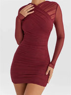 Ruched Mesh Long Sleeve Criss Cross Mock Neck Bodycon Mini Dress