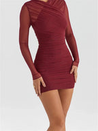 Ruched Mesh Long Sleeve Criss Cross Mock Neck Bodycon Mini Dress