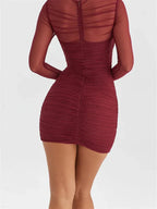 Ruched Mesh Long Sleeve Criss Cross Mock Neck Bodycon Mini Dress