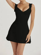Sweetheart Scalloped Eyelet Lace Trim Corset Bodice Basque Waist A-Line Mini Dress