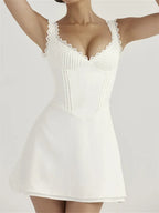 Sweetheart Scalloped Eyelet Lace Trim Corset Bodice Basque Waist A-Line Mini Dress