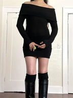 Elegant Slash Neck Black Party Mini Dresses
