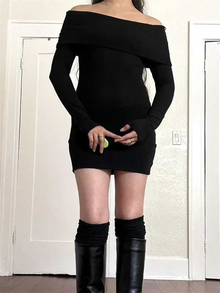 Ribbed Fold Over Off Shoulder Long Sleeve Bodycon Mini Dress