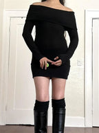 Ribbed Fold Over Off Shoulder Long Sleeve Bodycon Mini Dress